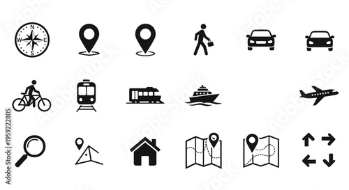 Black and white icons depicting various modes of transportation and navigation