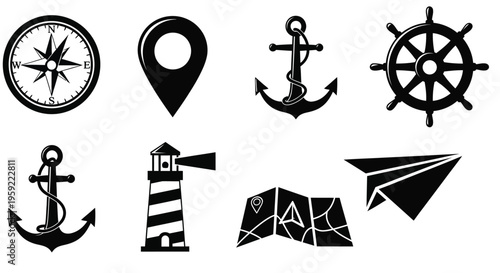 Nautical themed icons including compass anchor lighthouse and map elements