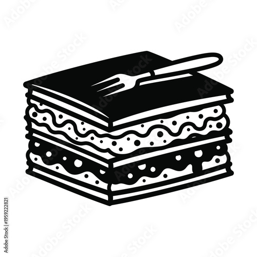 Black and white graphic illustration of a layered lasagna dish with a fork on top, depicting a classic Italian meal.