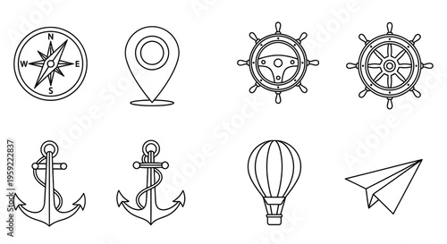 Nautical and travel themed icons in a simple line art style