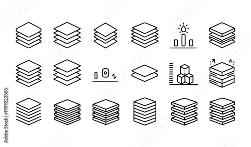 Three layer stack line icon set for level structure height floor and data organization concepts