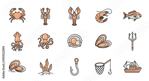 Collection of Various Marine and Coastal Animal Illustrations for Educational Use