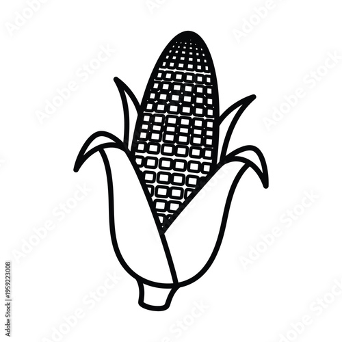 Simple black and white line art illustration of a single ear of corn with kernels visible and husks partially peeled back, representing a common agricultural crop.