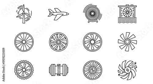 Collection of Windmill and Turbine Icons for Renewable Energy Concepts