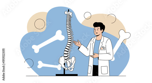 Doctor Explains Spine Anatomy with Skeleton Model and Bones Illustration
