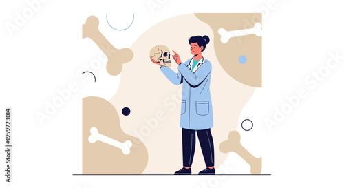 Doctor holding human skull, surrounded by bones, science and medical illustration