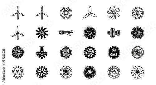 Collection of Wind Turbines and Renewable Energy Symbols for Sustainability Concept