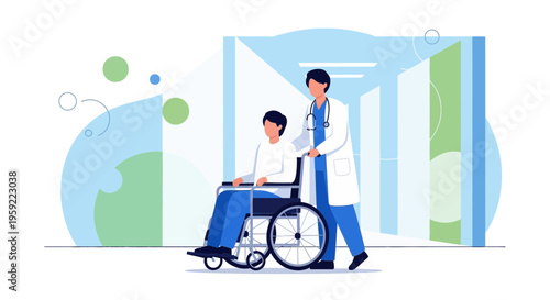 Doctor pushing patient in wheelchair through hospital corridor, healthcare concept