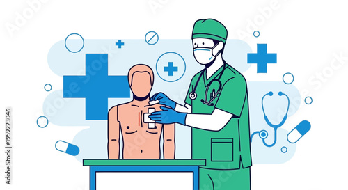 Doctor training CPR on mannequin, medical symbols, healthcare concept