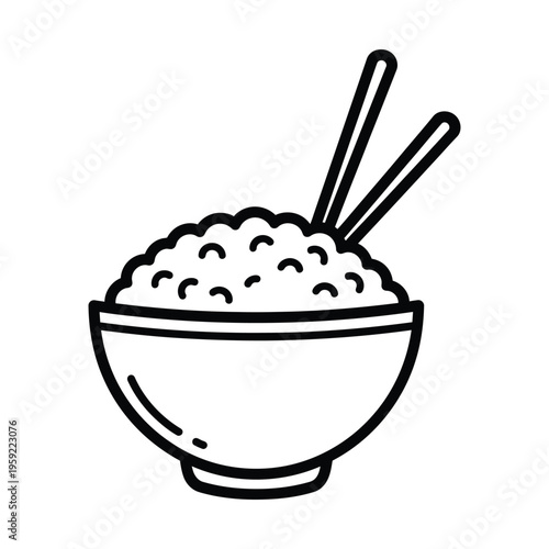Simple line art drawing of a bowl of steamed white rice with chopsticks, a common staple food in Asian cuisine.