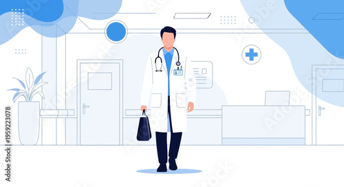 Doctor walking in hospital corridor with medical bag, healthcare professional, modern clinic interior