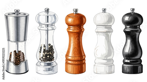 ブラックペッパーのスパイスミルの水彩風イラストセット,黒胡椒,調味料,手書き風素材