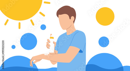 Man applying sunscreen on arm, sun and water elements, summer protection concept