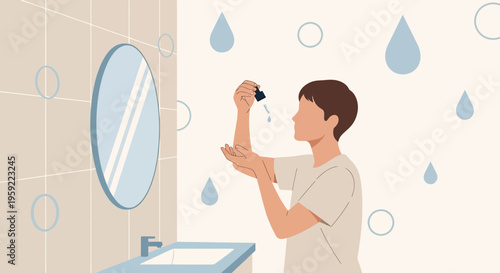 Man applying serum to arm in bathroom, water drops, skincare routine