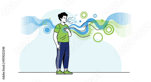 Man breathing deeply, visualizing fresh air and well-being, healthy lifestyle concept