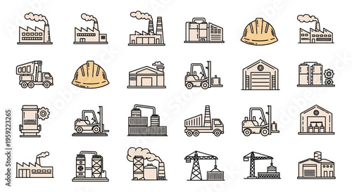 Construction and Industrial Equipment Icons Set for Building and Infrastructure Projects