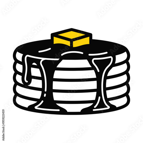 Stylized illustration of a stack of pancakes with dark syrup dripping down and a yellow pat of butter on top, against a white background.