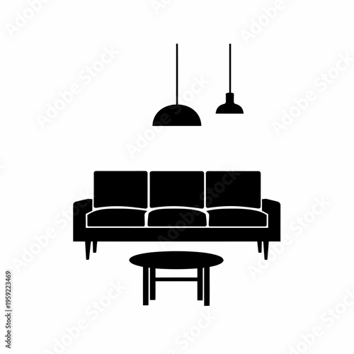 Minimalist interior illustration featuring sofa table and pendant lamps