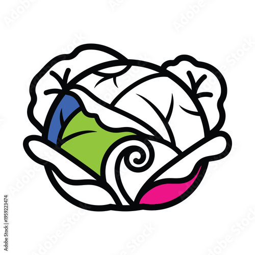 Stylized illustration of a cabbage or lettuce head with black outlines, white outer leaves, and inner leaves colored blue, green, and pink, featuring a central spiral design.