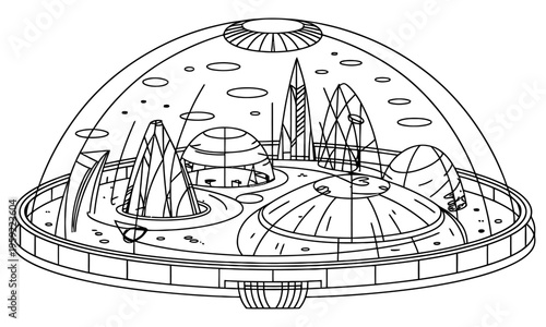 futuristic city on another planet under a dome with tall buildings and domed structures on a distant world with a transparent protective cover