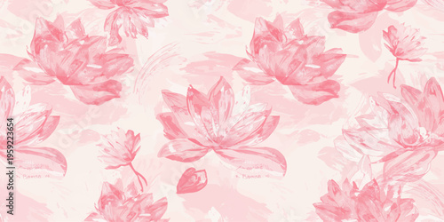 Abstract floral pattern with pink flowers and summer leaf ornaments creates a seamless vintage nature texture for a pastel wedding card illustration or spring blossom wallpaper