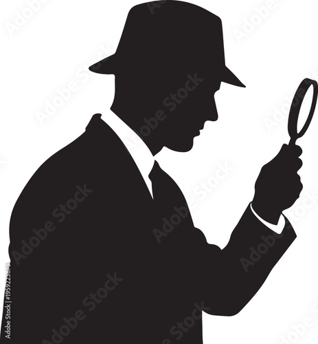 Detective, magnifying glass, silhouette, investigation, mystery, black, vector