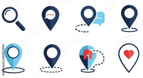 Collection of flat design location and search related icons in blue tones