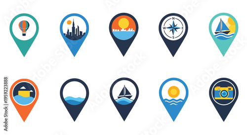 Collection of colorful location pin icons depicting various travel destinations