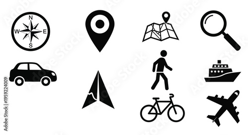 Collection of black silhouette icons representing travel and navigation elements