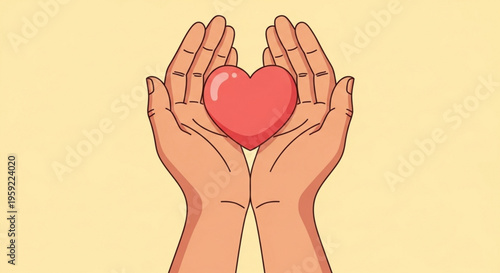 Hands cradling a red heart on a pale yellow background symbolizing care and love