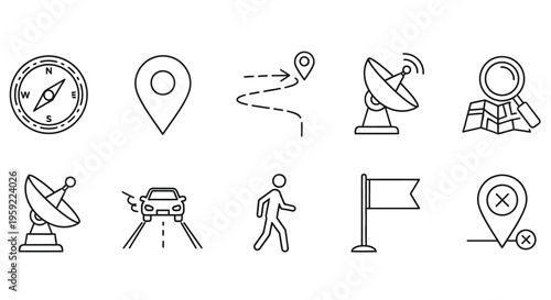 Navigation and travel icons compass map markers satellite dishes and more
