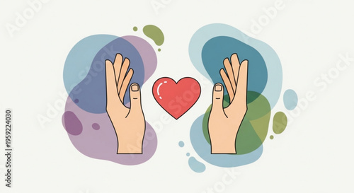 Hands forming a heart with fingers and colorful abstract shapes on a white background