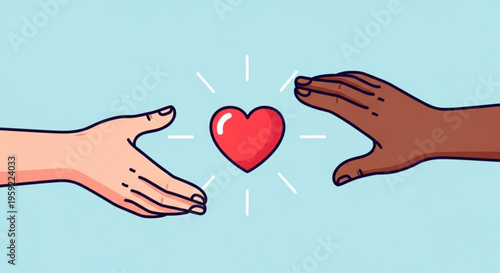Two hands reaching for a glowing red heart symbolizing love and unity on a light blue background with white lines