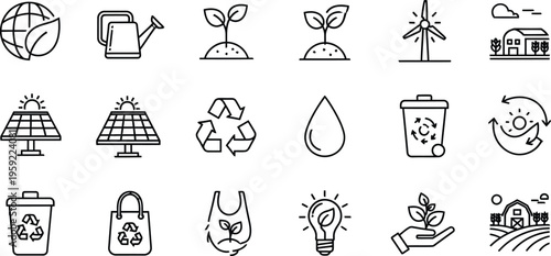 Sustainable Solutions: A collection of eco-friendly icons representing concepts of conservation, recycling, and sustainable living, illustrating the journey towards a greener tomorrow.
