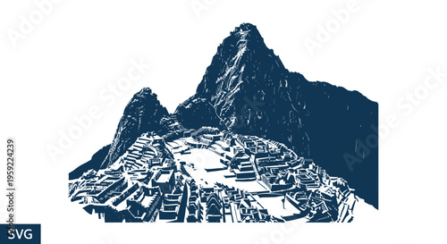 Machu Picchu Inca Citadel, Andes Mountains, Peru - Silhouette Graphic