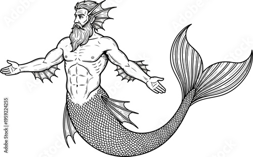 Bearded merman swimming with open arms