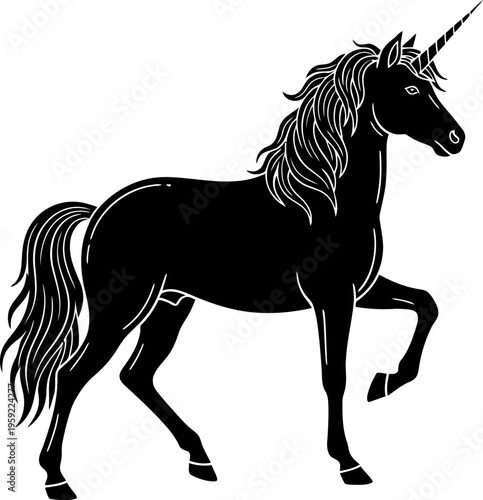 Black unicorn silhouette walking with a single horn