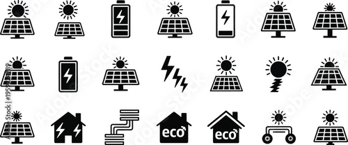 Solar Power Icons: A set of simplified icons, each illustrating elements of solar energy – panels, batteries, the sun, and the concept of eco-friendly power.