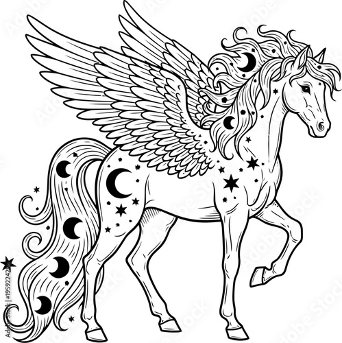 Celestial pegasus with moon and star patterns