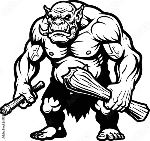 Fierce orc warrior holding heavy wooden clubs