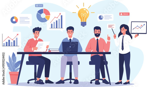Brainstorming Session: A dynamic illustration depicting a collaborative brainstorming session, where ideas flow freely among a team of professionals.