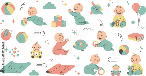 Cute Baby Playing and Learning Vector Set with Infant Characters, Toys Balls Blocks Crawling Sitting Activities Illustration for Nursery Design and Early Childhood Graphics.