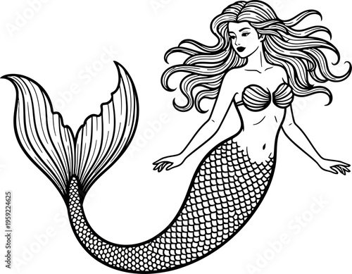Graceful mermaid with long hair and fish tail