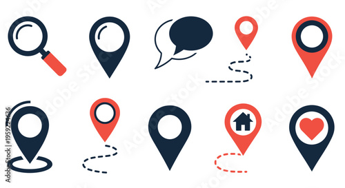 Collection of flat design icons representing location search and communication
