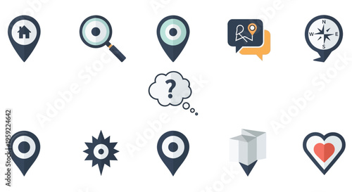 Collection of flat design icons representing location search and navigation concepts