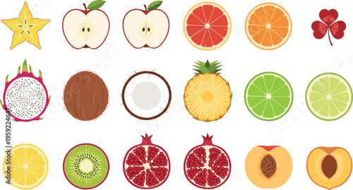 Fresh Fruit Vector Set with Tropical, Citrus, and Exotic Fruits Including Pineapple, Kiwi, Dragonfruit, and Peach for Healthy, Organic, and Food Designs