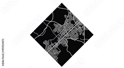 Abstract aerial view of a city rotated at a diagonal angle black and white