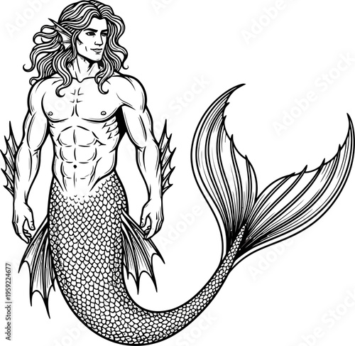 Handsome merman standing with long hair