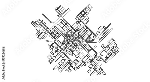 Abstract black and white line drawing depicting a complex city or circuit layout