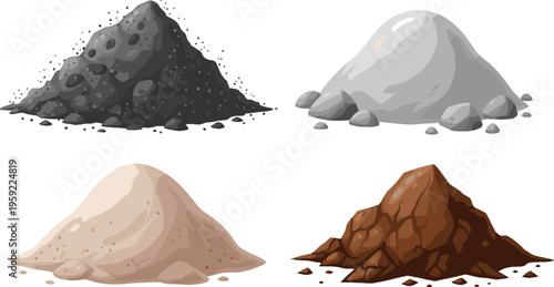 Collection of Piles of Soil, Gravel, Sand, and Rock for Construction, Landscaping, and Earthworks Projects